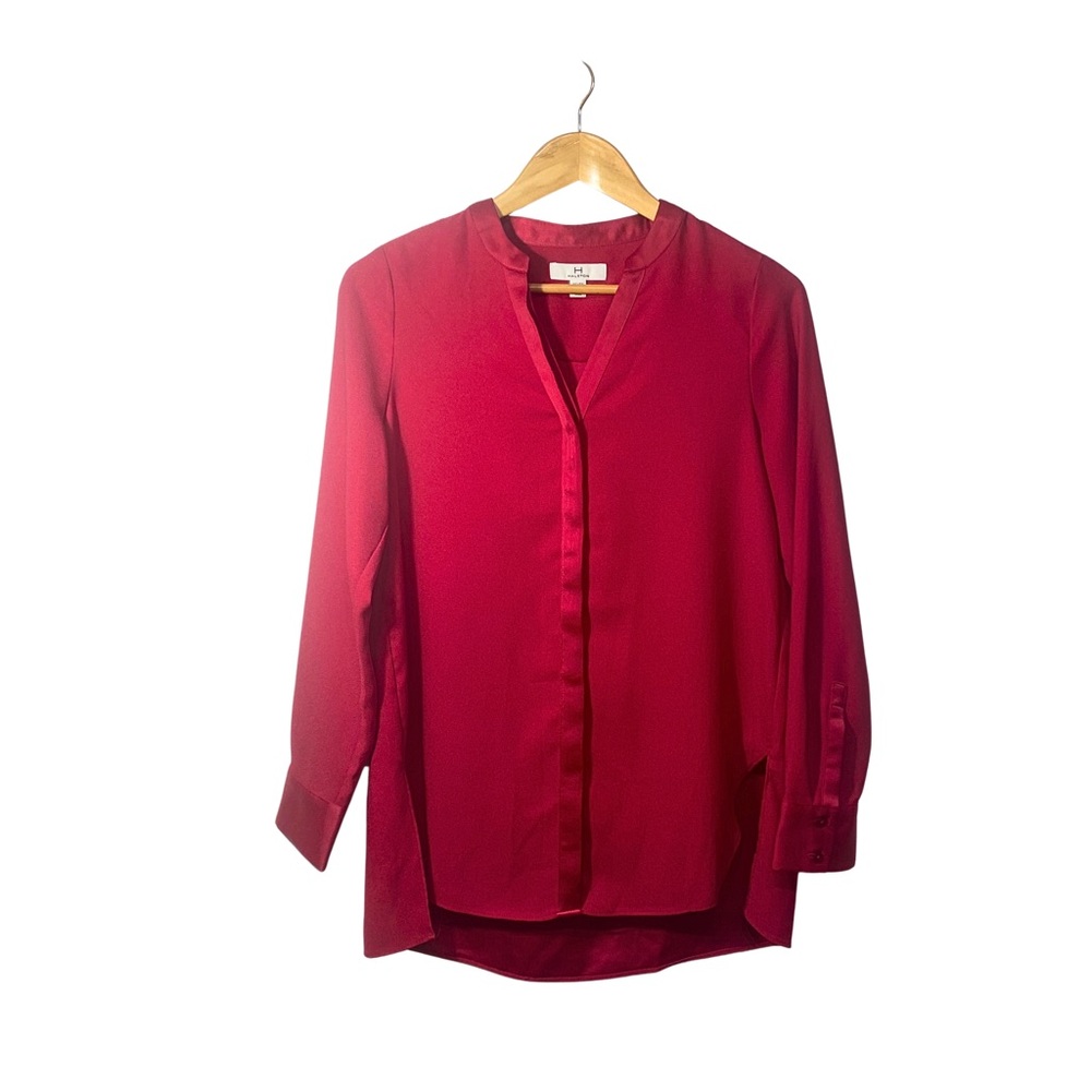 Halston | Classy Red Button-Up Blouse With Satin Trim